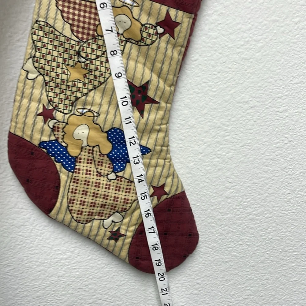 Festive Burgundy and Tan Angels and Stars Holiday Christmas Farmhouse Stocking